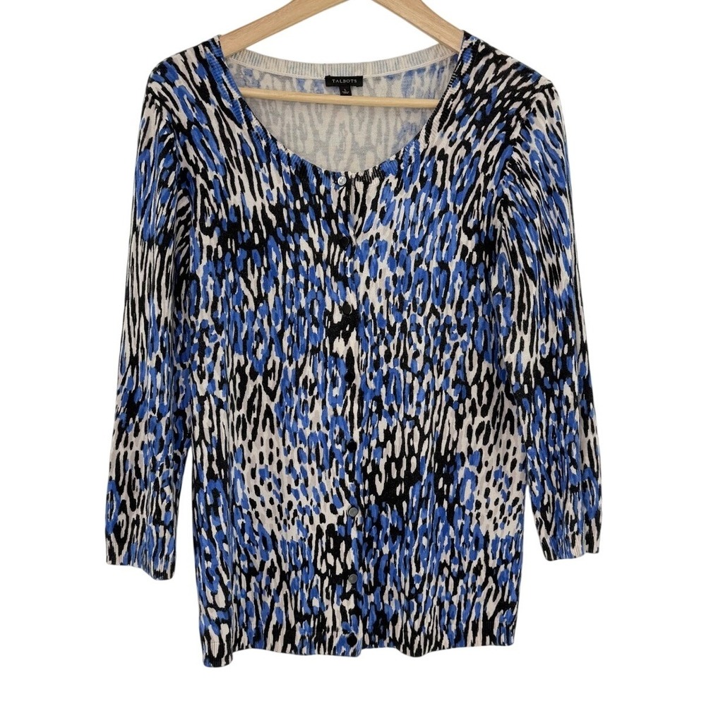 Talbots Womens Blue Black Abstract Animal Print Cardigan Size L 3/4 Sleeve